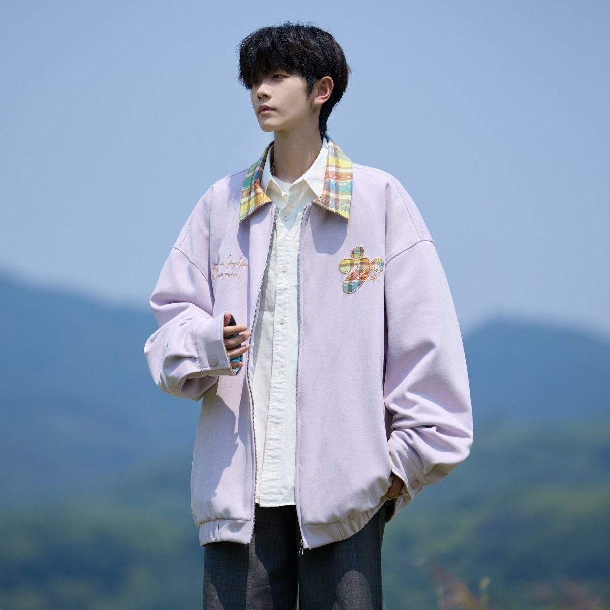 原创抖音相机片港风大码绣花撞色夹克外套棒球服男J871P80控128，男装夹克，电商A029