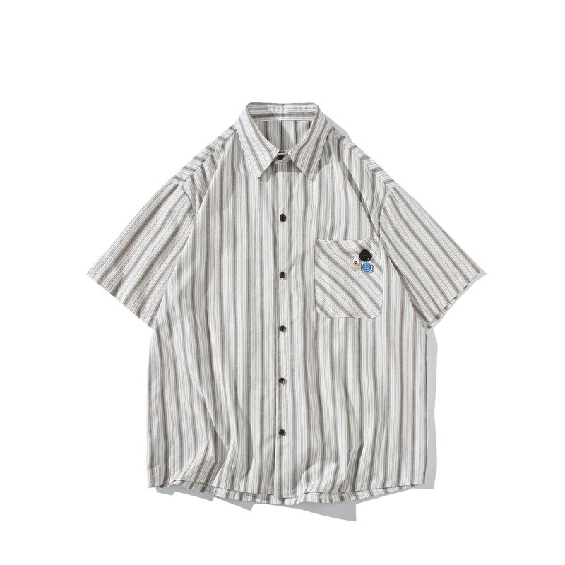 日系白底平铺大码新款士短袖衬衫条纹衬衫C605P45控58,男装T恤,电商A029