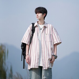 夏季新款相机片港风大码条纹短袖衬衫衬衣男C653 P45 控58图片