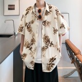 夏二开冰丝港风大码复古碎花短袖衬衫花衬衣男C659P40控58，男装T恤，电商A029