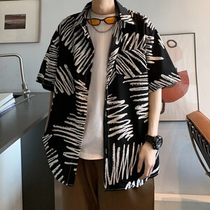 新款港风士休闲轻熟店主风痞帅短袖衬衫大码花 C611 P40 控58图片
