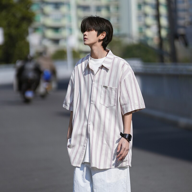 早起风相机片港风大码条纹短袖衬衫衬衣男C653 P45 控58图片