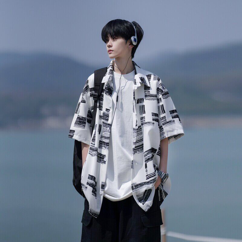 夏季相机片港风大码外景短袖衬衫花衬衣条纹衬衫 C609 P40 控58图片