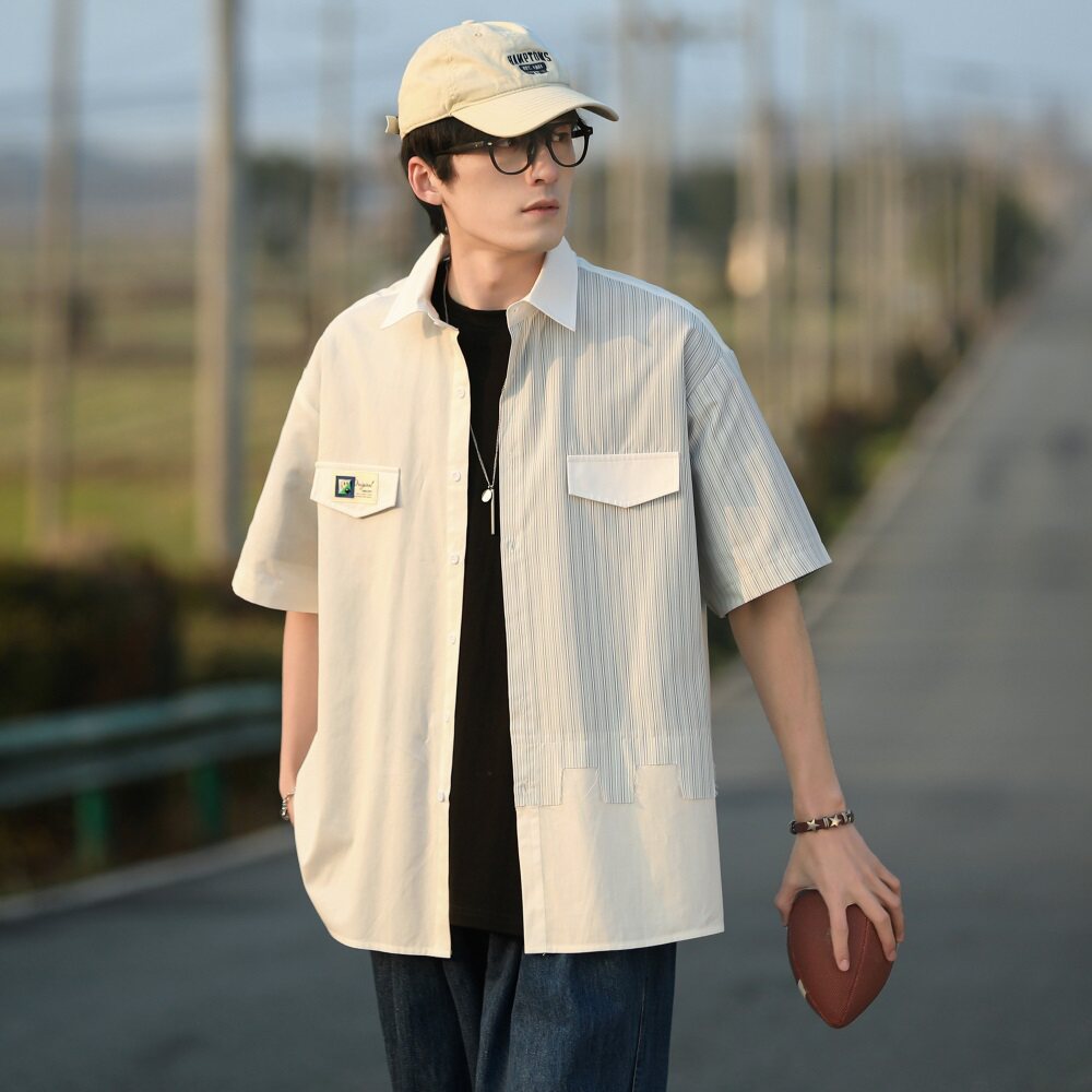 cityboy相机片高阶条纹大码港风短袖衬衫拼接衬衣男 C25 P50 控78图片