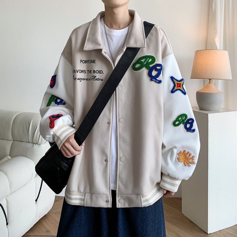 情侣新款大码宽松翻领贴标棒球服夹克外套港风男J835P98控138，男装夹克，电商A029