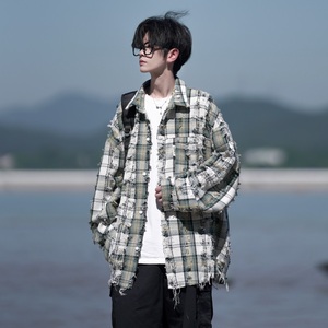 相机片新款港风大码破洞格子长袖衬衫衬衣外套男C626 P78 控108图片