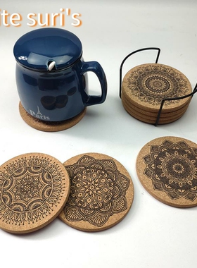 6Pcs/1Set Nordic Mandala Design Round Wooden Coasters Table