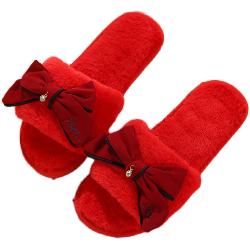 新款蝴蝶结平底防滑一字居家居低跟纯色甜美冬季毛毛绒面女士拖鞋