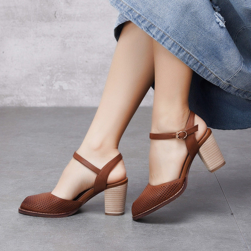 Moy handicraft 2019 Hollow genuine leather Buckle new pattern Fish mouth High-heeled shoes Retro Shallow mouth With crude Sandalsin the Women's Shoes, Sandals, Crocs category - from Buy2taobao.com to provide professional Taobao agent buy service