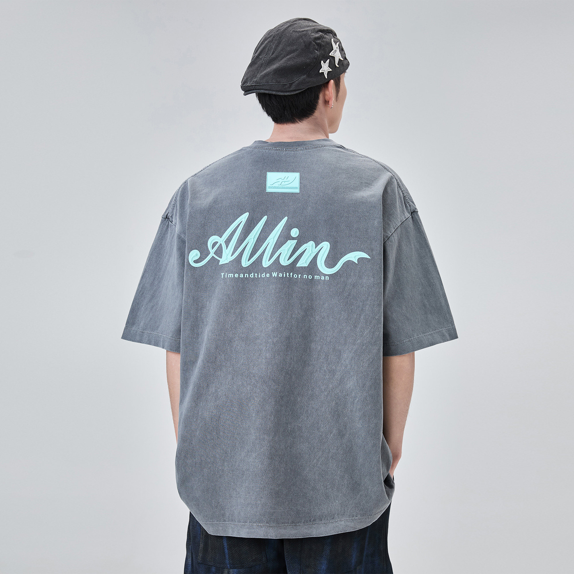 thumbnail for ALLIN Heavyweight Crew Neck Short Sleeve T-Shirt Men's Summer Monogram Three-Dimensional Print Cotton Couple Washed Half Sleeve Top