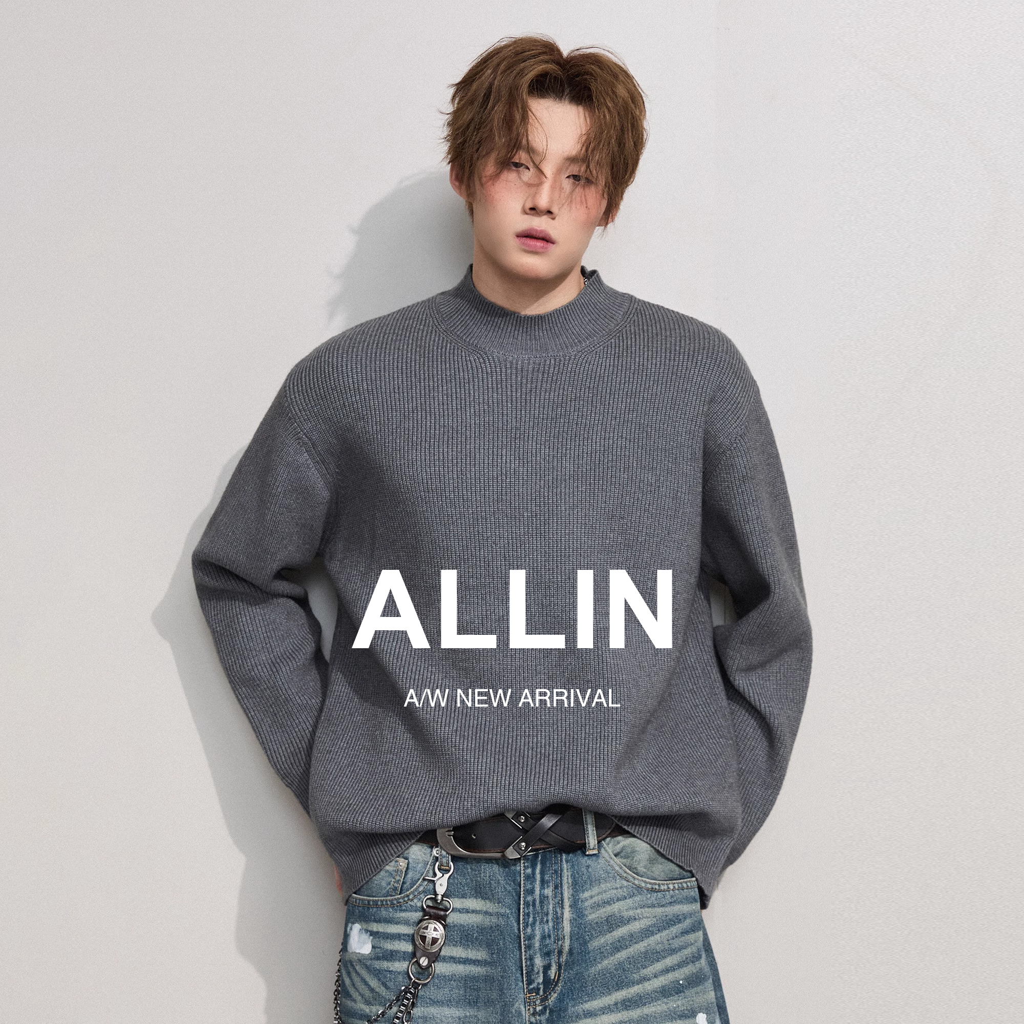 ALLIN 半高领毛衣男秋冬季慵懒百搭打底衫宽松内搭休闲情侣针织衫