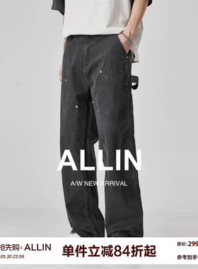 ALLIN 灰色工装牛仔裤男夏季水洗做旧伐木裤宽松直筒阔腿休闲裤子
