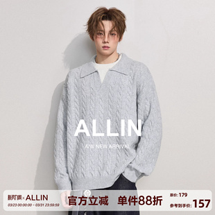 外套 情侣慵懒风含羊毛翻领针织衫 ALLIN 麻花纹假两件毛衣男春秋季