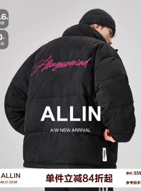 ALLIN 黑色立领羽绒服男款冬季潮牌短款字母刺绣加厚保暖情侣外套