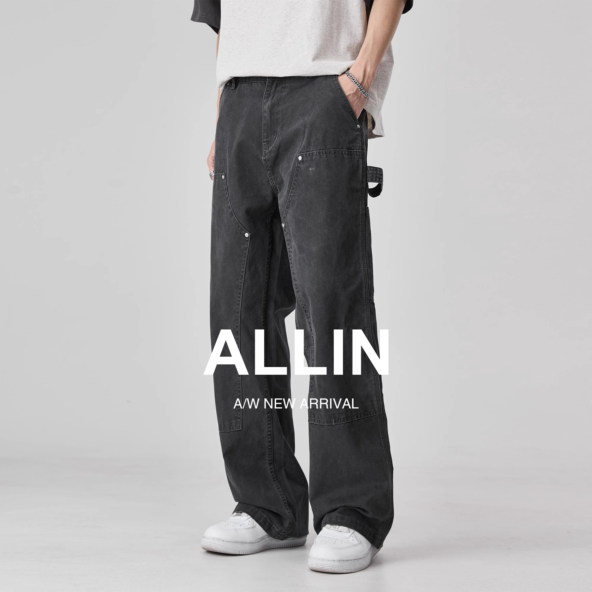 ALLIN 灰色工装牛仔裤男夏季水洗做旧伐木裤宽松直筒阔腿休闲裤子