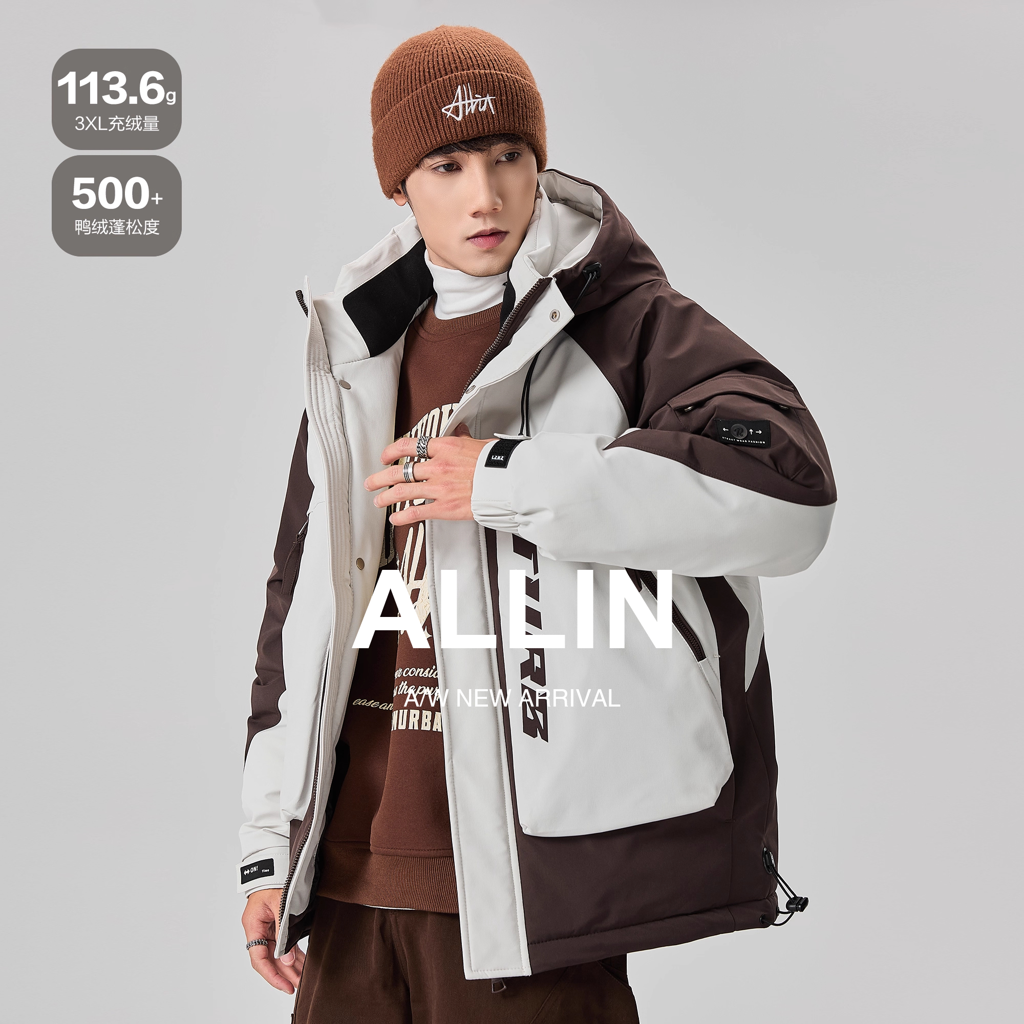 ALLIN 工装连帽羽绒服男冬季休闲加厚保暖短款鸭绒防寒服情侣外套