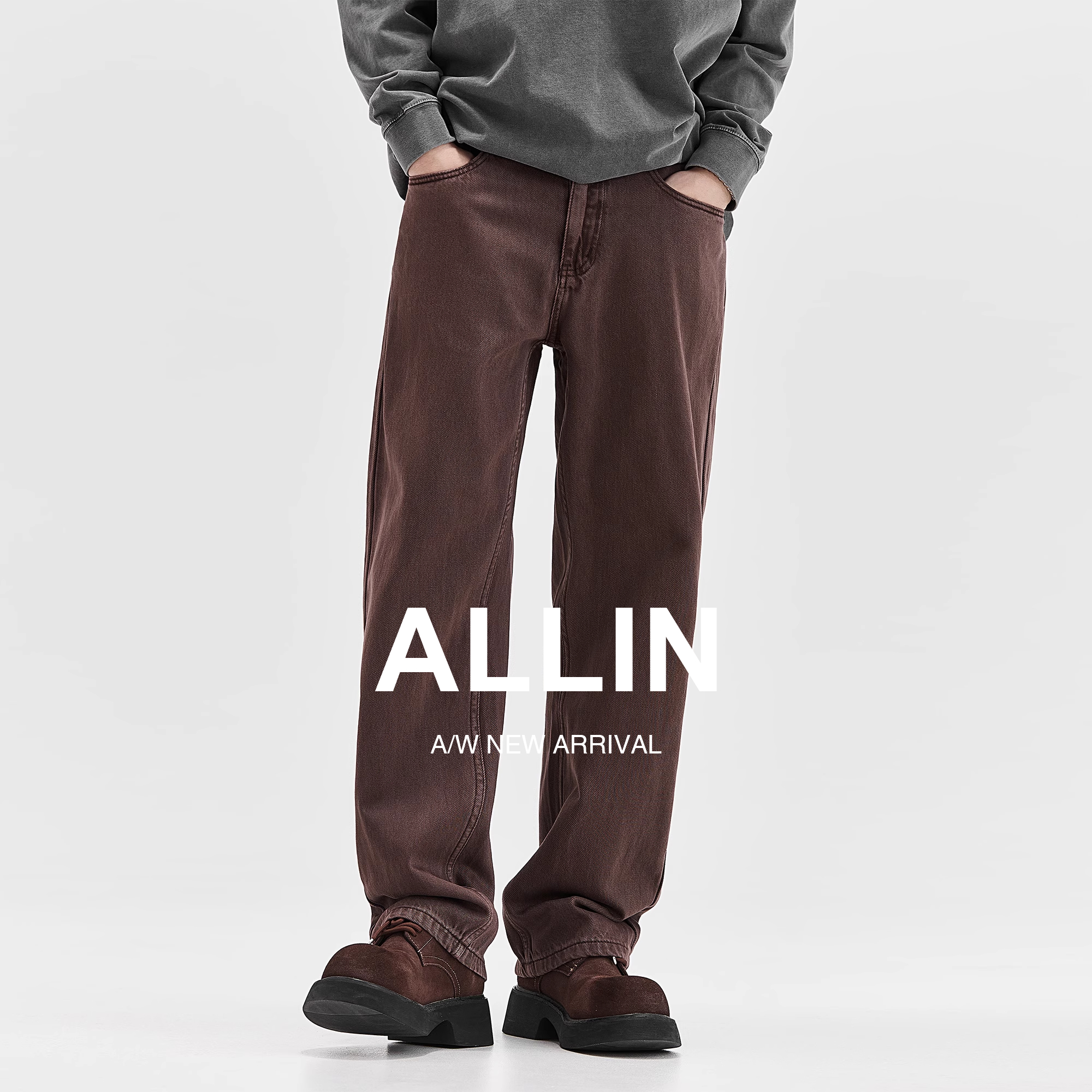 ALLIN 水洗直筒牛仔裤男士夏季美式宽松复古阔腿裤纯棉百搭长裤子