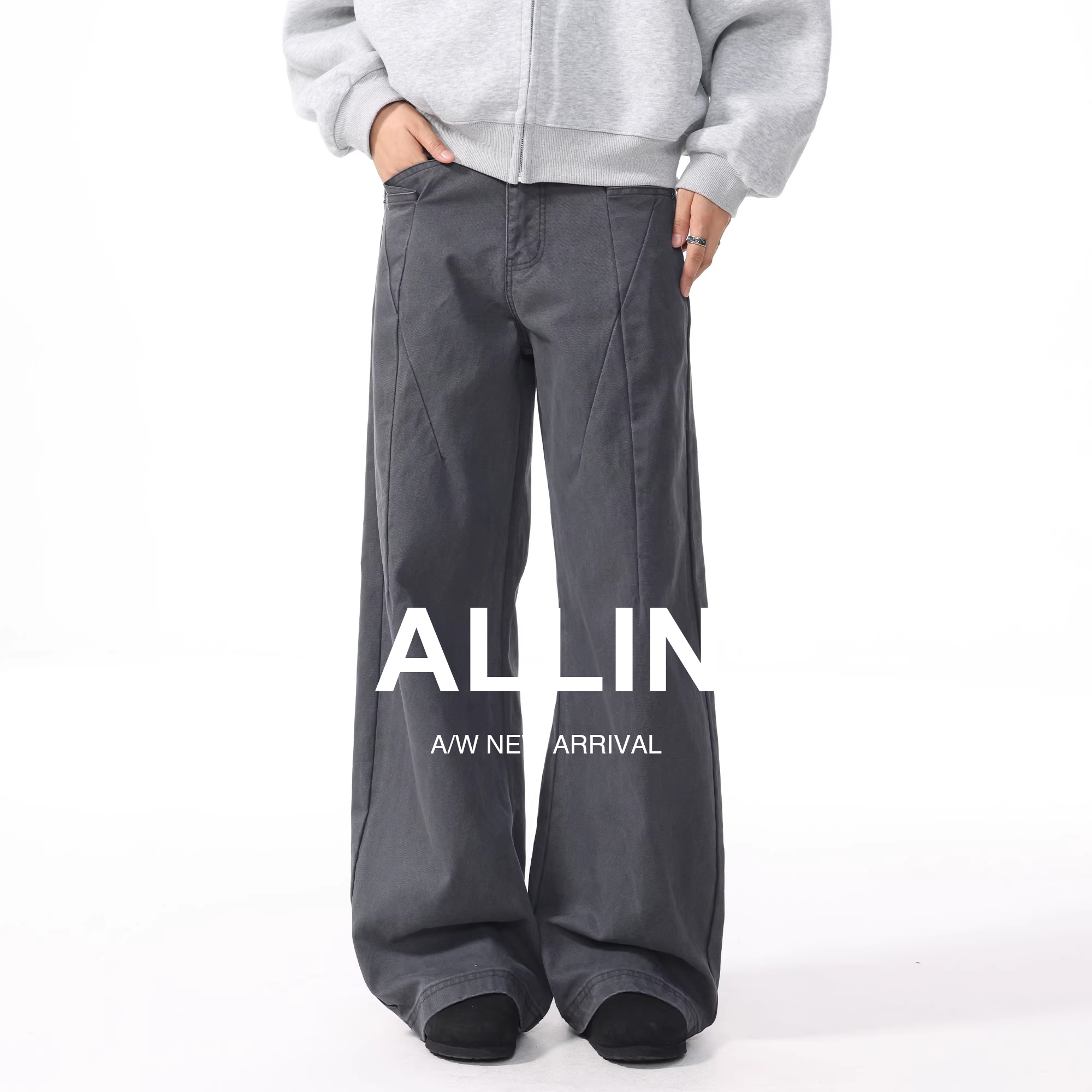 ALLIN 灰色弯刀休闲裤男士秋季美式潮牌纯棉宽松直筒阔腿拖地裤子