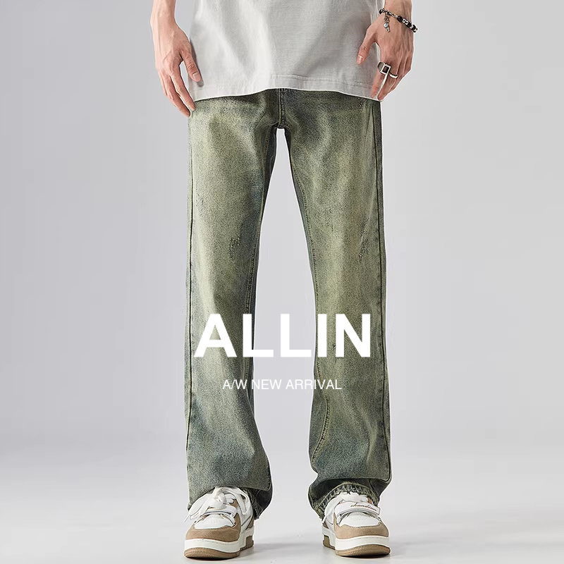 ALLIN 美式牛仔裤男春秋水洗做旧复古黄泥染刮烂潮牌高街直筒裤子