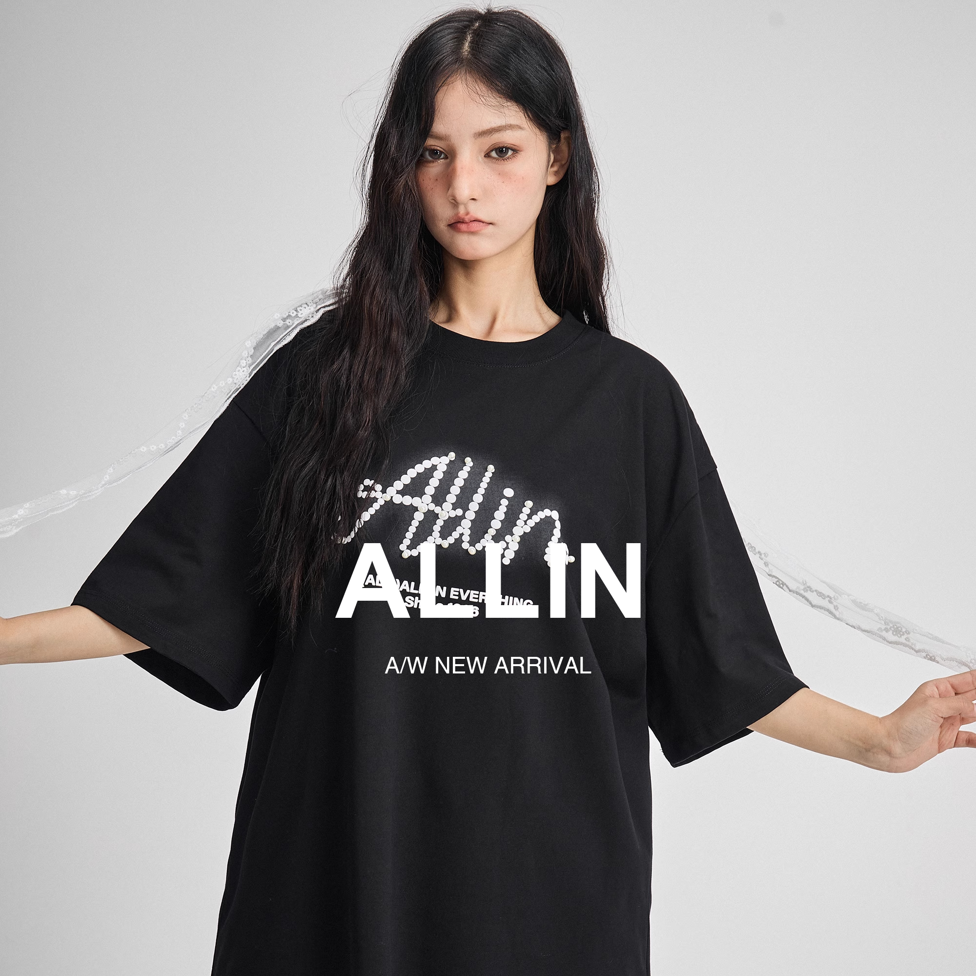ALLIN 黑色短袖t恤男女同款夏季纯棉重磅体恤情侣装半袖印花上衣