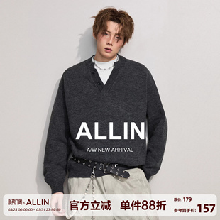 潮牌宽松慵懒针织衫 假两件毛衣男春秋季 高级感情侣外套 美式 ALLIN