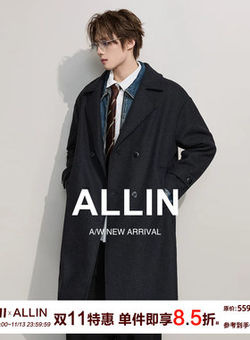 ALLIN 翻领毛呢大衣男士中长款冬季保暖加厚含绵羊毛呢子情侣外套