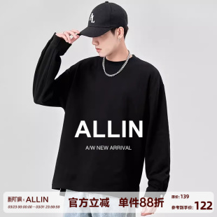 春秋潮牌潮流宽松百搭打底衫 t恤男款 简约情侣上衣 黑色长袖 ALLIN