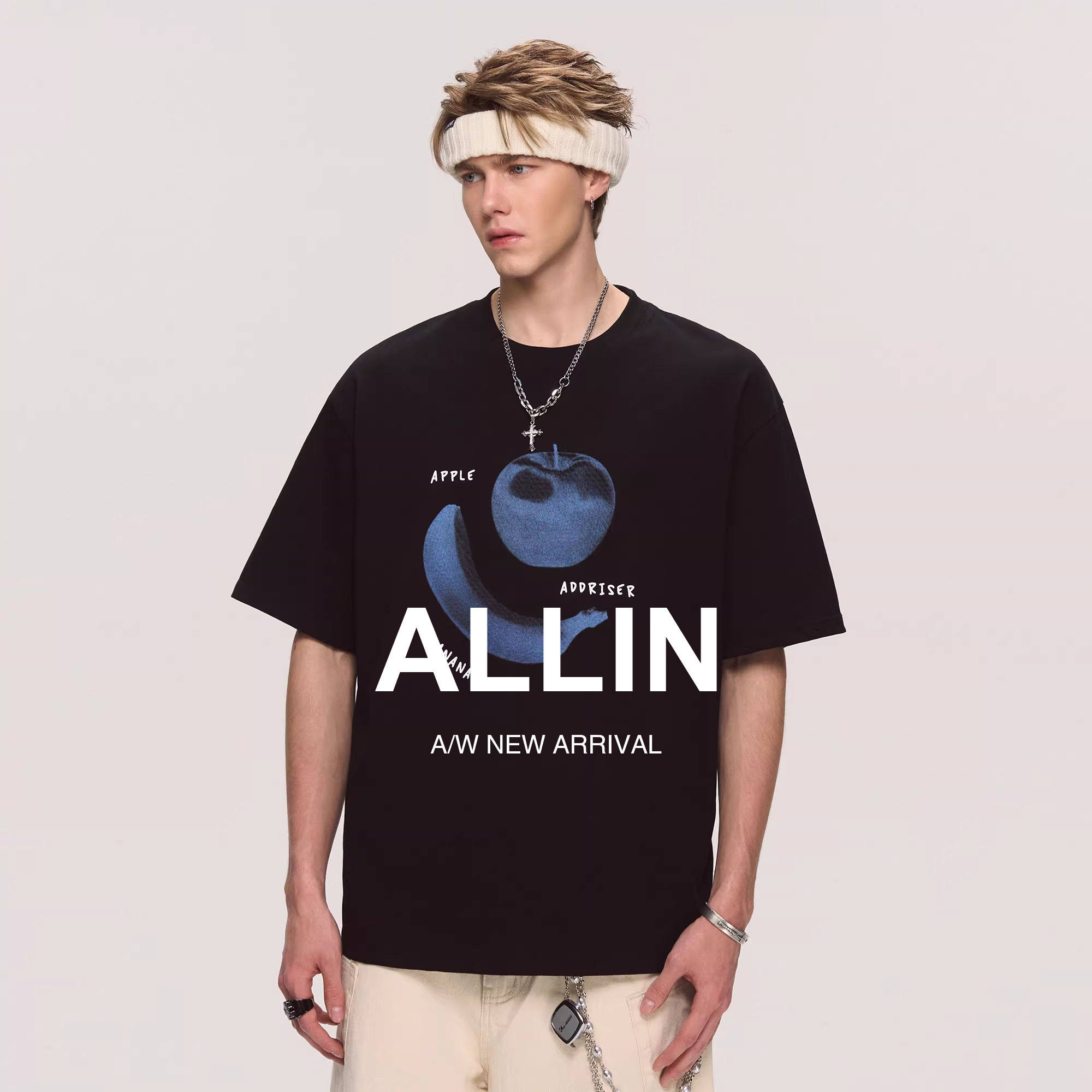 ALLIN 黑色纯棉重磅短袖t恤男夏季水果趣味印花美式潮牌半袖上