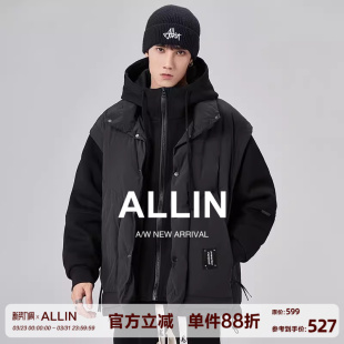 运动潮牌户外保暖外套 鸭绒内胆工装 ALLIN 假两件连帽羽绒服男冬季