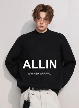 ALLIN 黑色半高领保暖针织打底衫男秋冬情侣宽松百搭线衣内搭毛衣