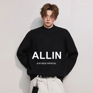 ALLIN 男秋冬情侣宽松百搭线衣内搭毛衣 黑色半高领保暖针织打底衫