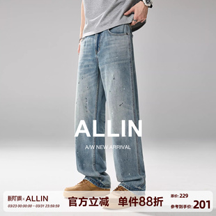 男春秋水洗复古设计感泼墨直筒宽松裤 高街微喇牛仔裤 子 美式 ALLIN