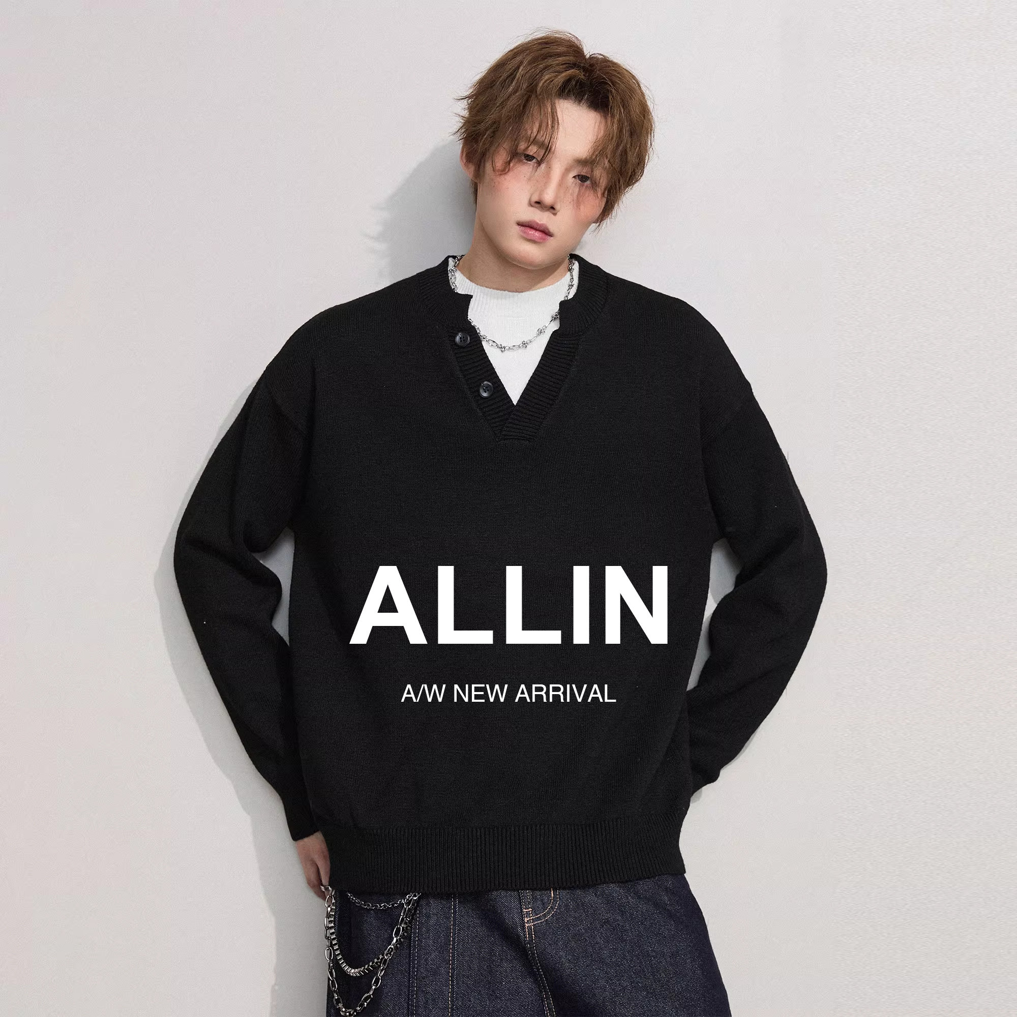 ALLIN 黑色假两件毛衣男春秋季保暖V领套头线衣情侣慵懒风针织