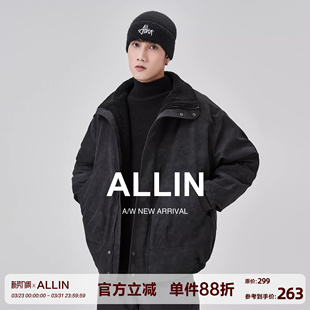 ALLIN 麂皮加绒加厚夹克男春秋潮牌宽松百搭翻领保暖情侣黑色外套
