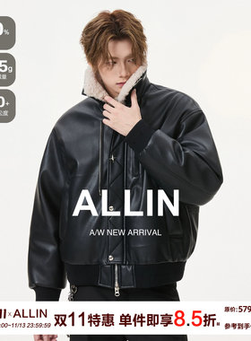 ALLIN 羊羔绒毛翻领皮衣夹克羽绒服男生冬季保暖防风机车情侣外套