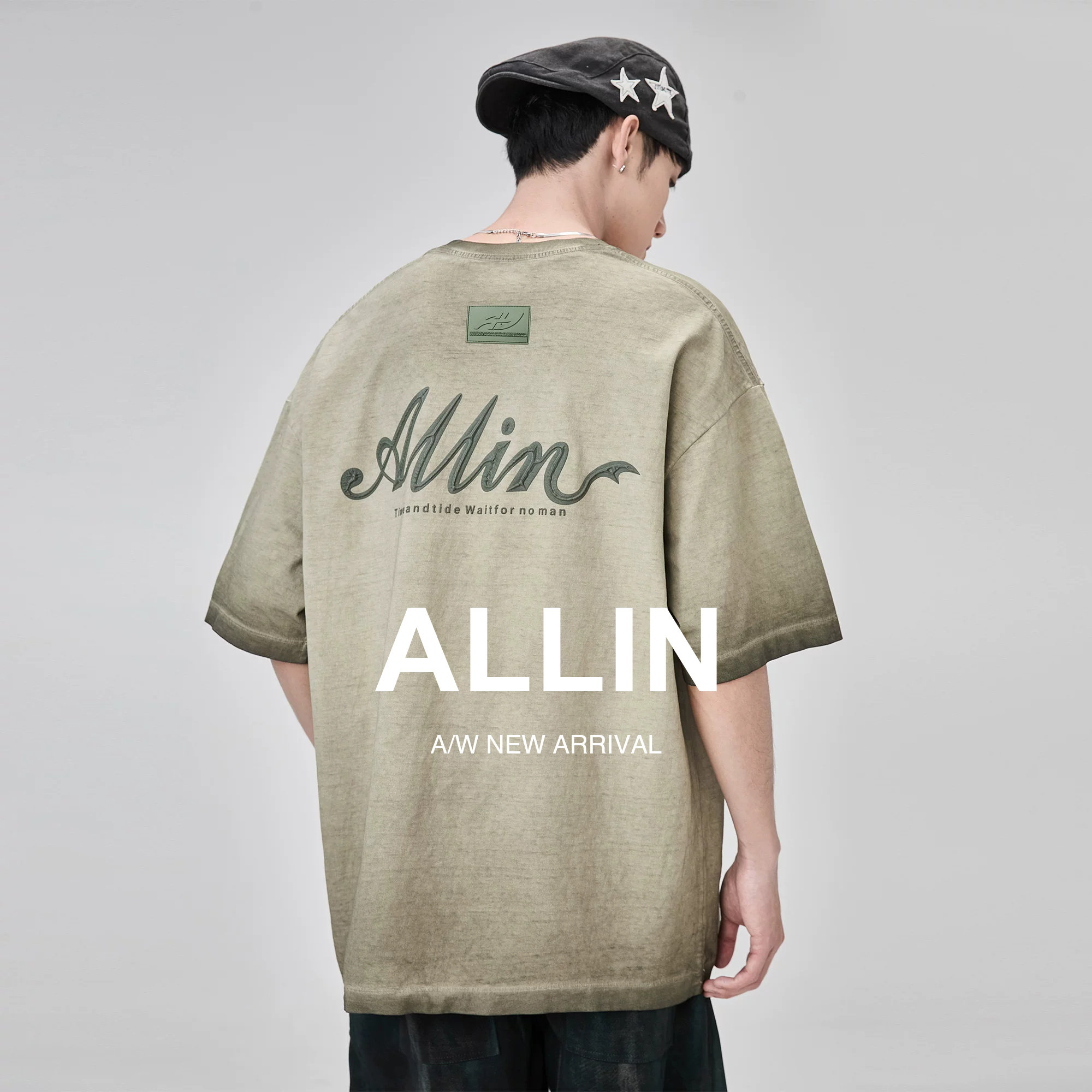 ALLIN 渐变短袖t恤男夏季潮牌字母印花圆领情侣半袖纯棉重磅上衣