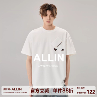 重磅圆领斜口袋设计感情侣上衣 T恤男夏季 ALLIN 潮牌白色刺绣短袖