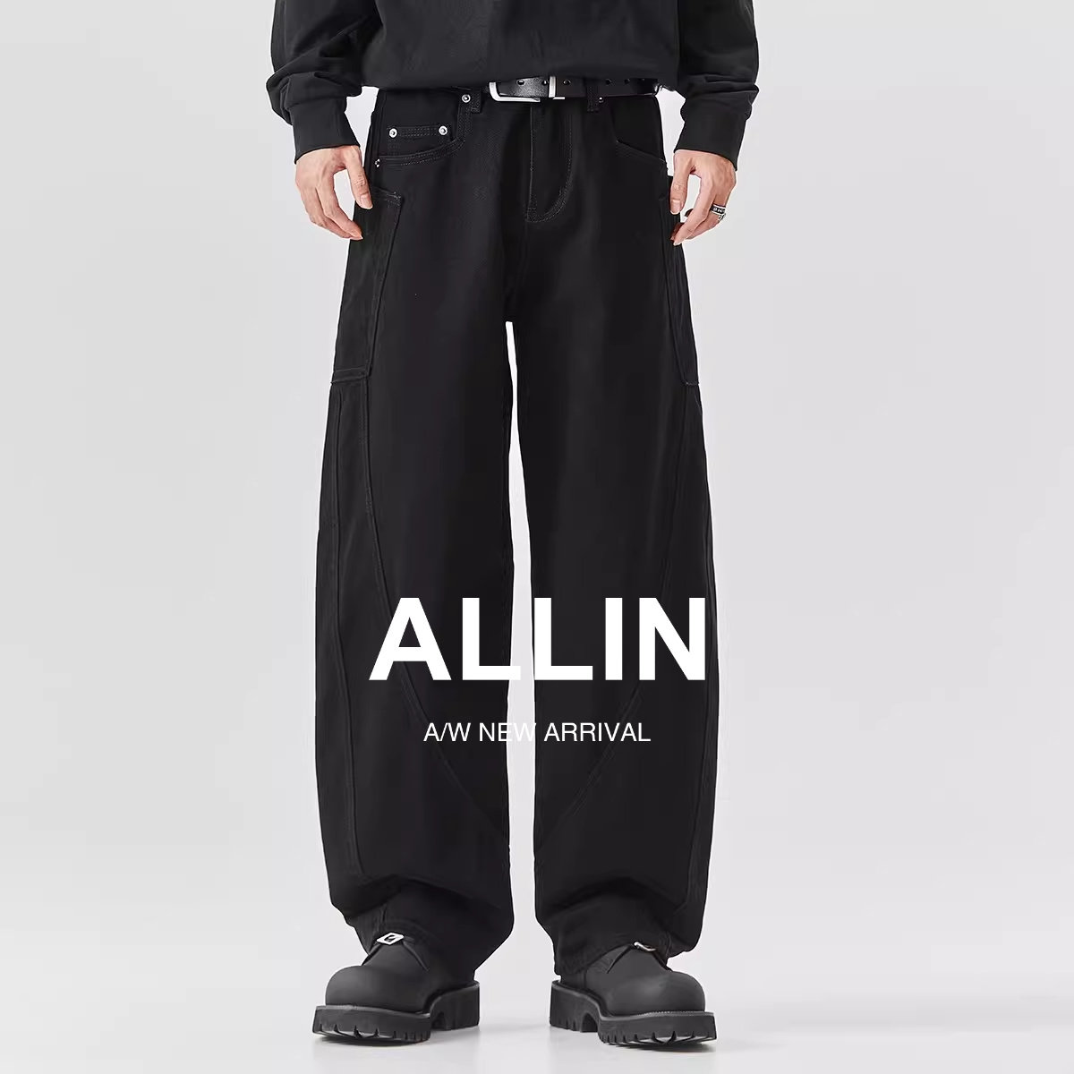 ALLIN 黑色牛仔裤男潮牌宽松直筒弯刀裤美式高街阔腿休闲镰刀裤