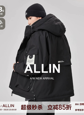 ALLIN 黑色连帽羽绒服男生冬季美式潮牌加厚保暖情侣工装休闲外套