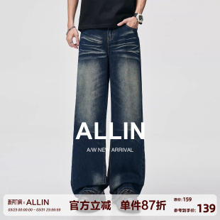 复古深蓝色宽松直筒阔腿长裤 ALLIN 男春秋季 水洗弯刀牛仔裤 子 美式