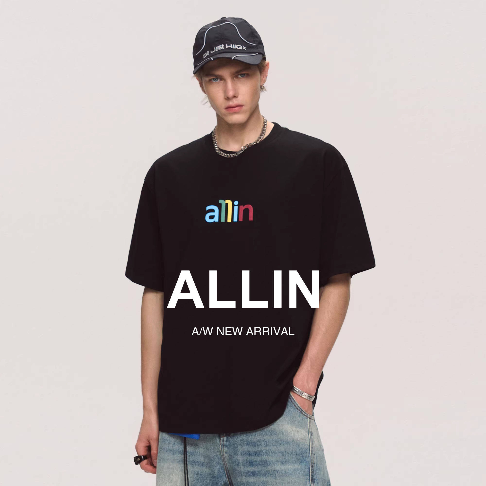 ALLIN 黑色短袖t恤男夏季彩色字母印花潮牌半袖情侣纯棉重磅上