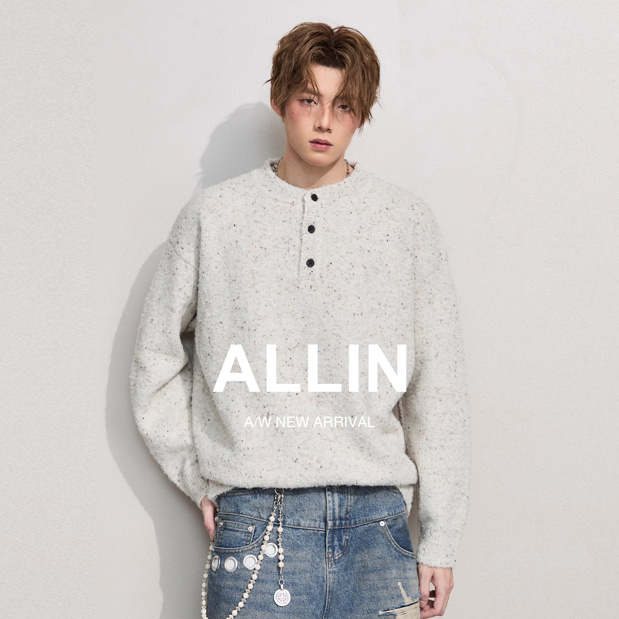 ALLIN 亨利领半纽扣混色毛衣男秋冬季情侣慵懒风软糯含羊毛针织衫