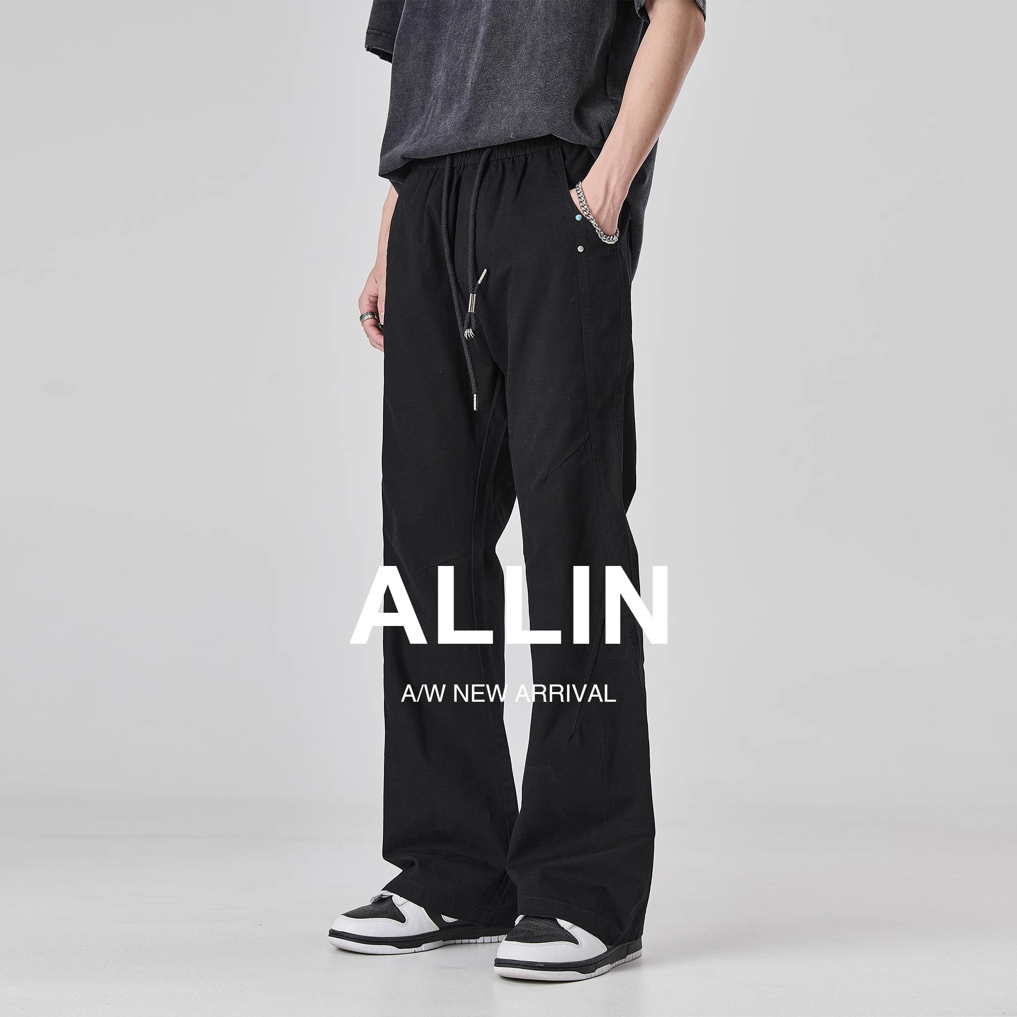 ALLIN 黑色微喇休闲裤男夏季薄款直筒喇叭裤松紧腰抽绳阔腿长裤子