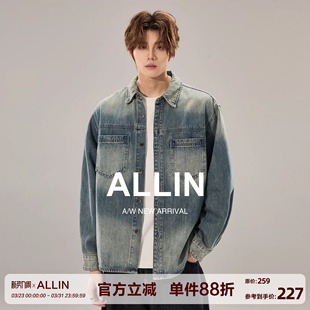 男春秋复古长袖 水洗牛仔衬衫 衬衣休闲宽松潮牌夹克外套 美式 ALLIN