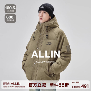 保暖休闲情侣外套 潮牌鸭绒加厚面包服短款 ALLIN 连帽羽绒服男冬季
