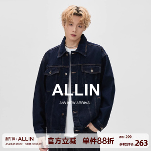 ALLIN 复古原牛深蓝色牛仔外套男春秋潮牌缉明线cleanfit翻领夹克