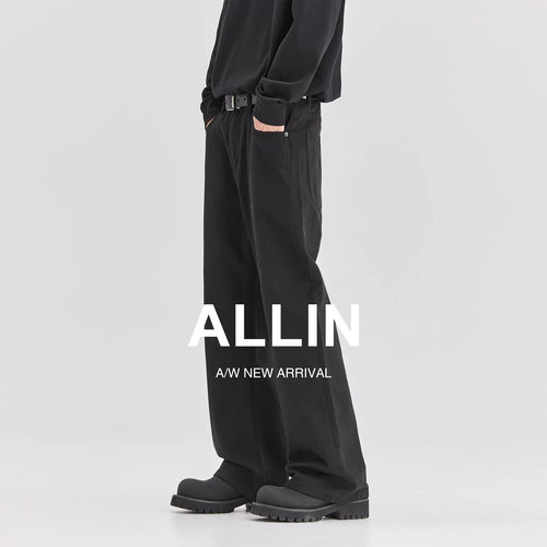 ALLIN黑色垂感直筒休闲牛仔裤