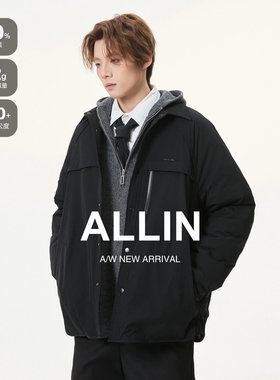 ALLIN 轻薄羽绒服男冬季宽松短款衬衫领保暖外套黑色防寒情侣夹克