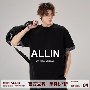 潮牌千鸟格子袖 T恤男夏季 口拼接情侣上衣 黑色重磅圆领短袖 ALLIN