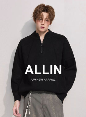 ALLIN 黑色半拉链毛衣男秋冬季半高领针织打底衫情侣休闲保暖上衣